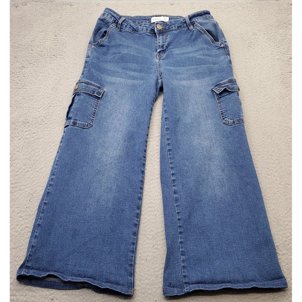 WADOS Cargo Jeans Womens 7/40 Blue Denim Stretch Boho Faded Whiskered Wide Leg